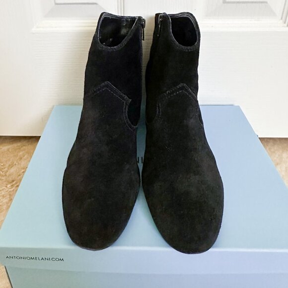Antonio Melani Black Suede Booties Women’s 9 Almond Toe Block Heel Ankle - Picture 3 of 9